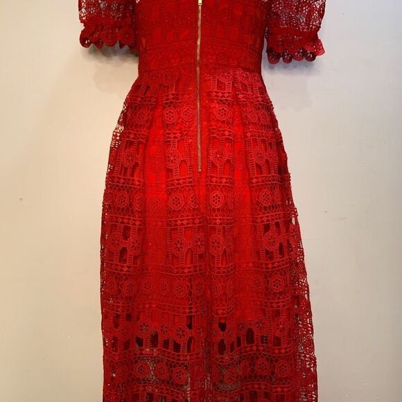 Self-Portrait Guipure V-Neck Puff Sleeve Red Midi Dress US 2 UK 4 Extra Small - Picture 8 of 10